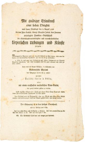 Advertising a performance by the Familien Gesellschaft. August 8, 1786