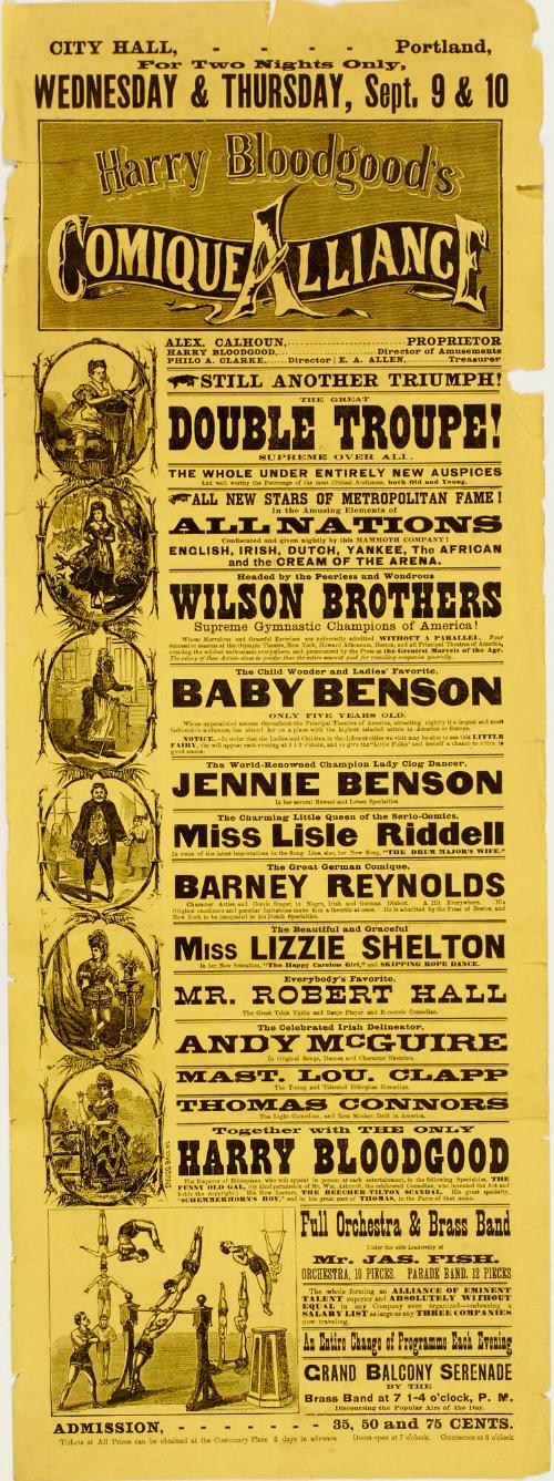 Harry Bloodgood's Comique Alliance. Portland Maine, September 9 and 10, c. 1874