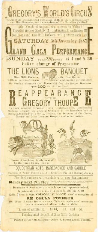 Gregory's World's Circus, November 5, 1887, Valletta, Malta