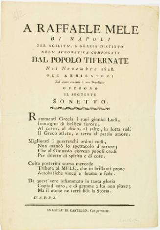 A Sonnet in honor of the Acrobat Raffaele Mele, November 1828, Citta di Castello, Italy