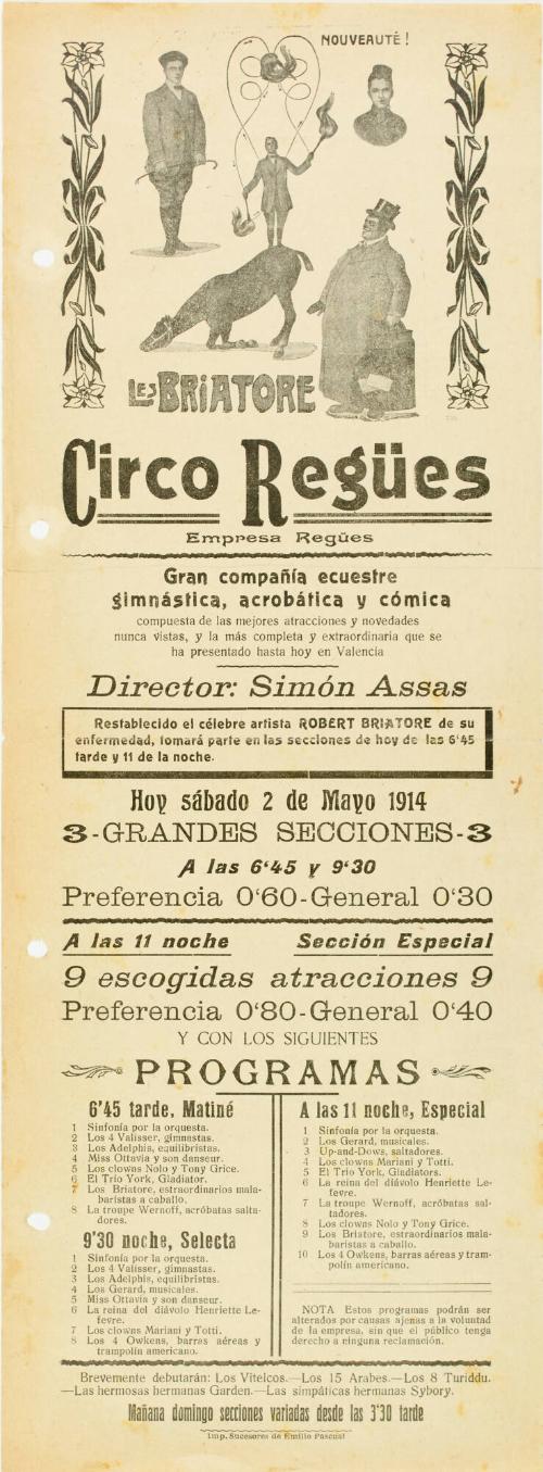 Circo Regües, Valencia Spain. May 2, 1914