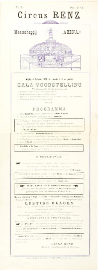 Playbill for Circus Renz, Maatschappij Arena, Amsterdam. September 4, 1896