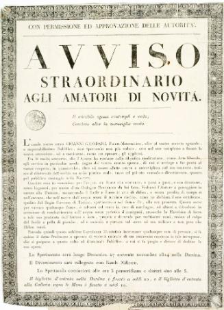 Announcement for a demonstration of a mechanical device. November 27, 1814.