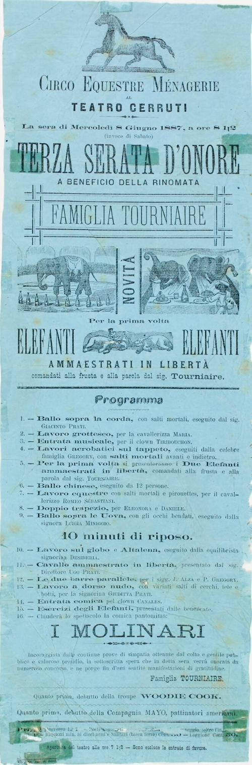Handbill for Circo Equestre Menagerie al Teatro Cerruti. June 8, 1887.