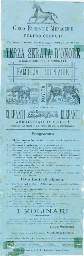 Handbill for Circo Equestre Menagerie al Teatro Cerruti. June 8, 1887.