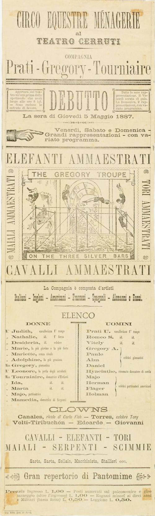 Handbill for Circo Equestre Menagerie al Teatro Cerruti. May 5, 1887.