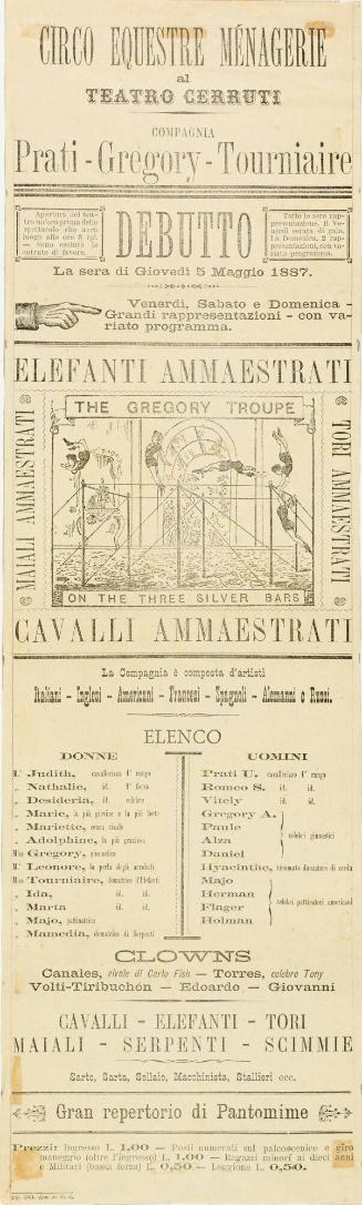 Handbill for Circo Equestre Menagerie al Teatro Cerruti. May 5, 1887.