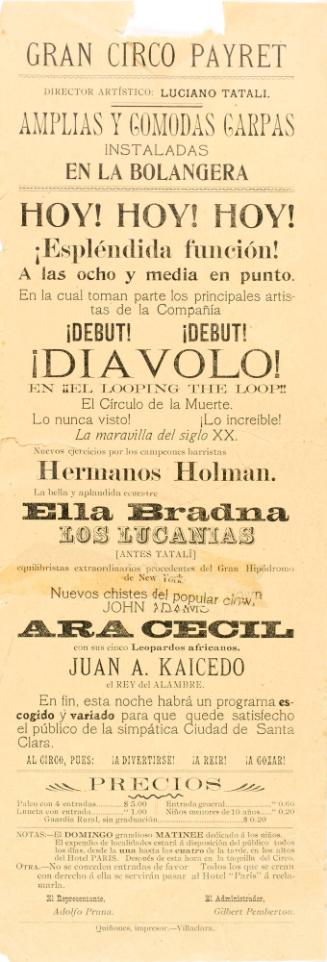 Handbill for Gran Circo Payret. Cuba. no date