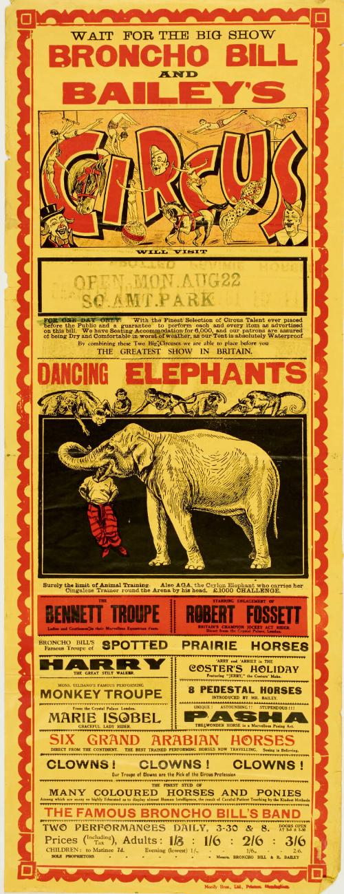 Playbill for Broncho Bill and Bailey's Circus. Birmingham, August 22, no year