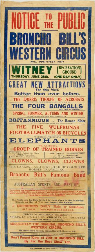 Playbill for Broncho Bill's Western Circus, Witney. June 28, no year