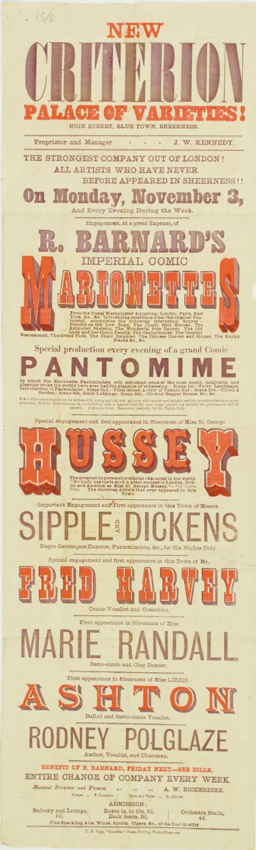 Playbill for New Criterion Palace of Varieties, Sheerness, November 3, no year
