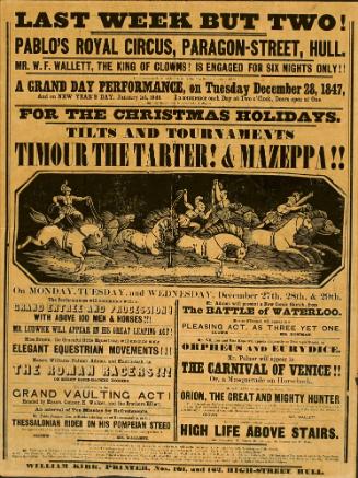 Playbill for Pablo's Royal Circus, Paragon-Street, Hull. December 28, 1847