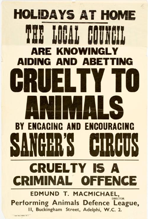 Poster warning of cruelty to animals by Sanger's Circus