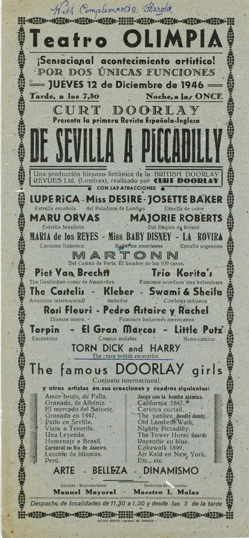 Handbill for Teatro Olimpia, Zaragoza, Spain. December 12, 1946