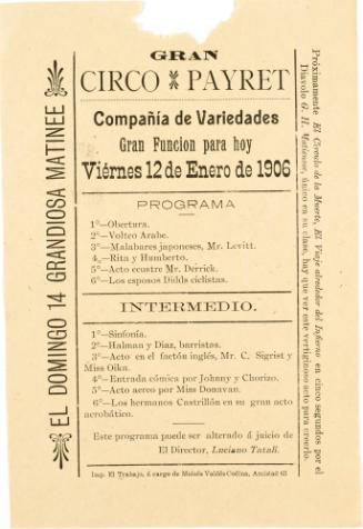 Handbill for Gran Circo Payret. Cuba. January 12, 1906