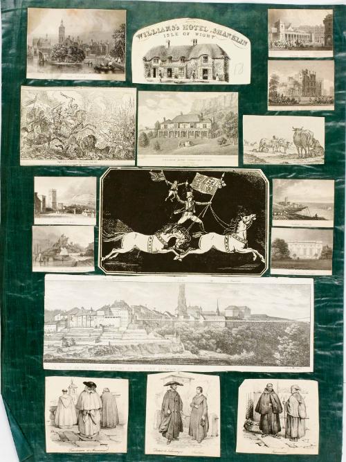 Scrap sheet with 16 cut out illustrations pasted on