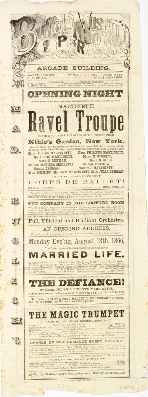 Two sided bill for Buffalo Museum and Opera House, and Madame English's Museum