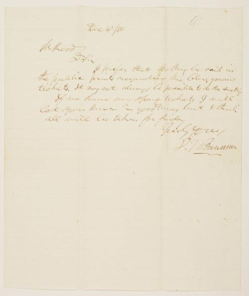 Letter from P.T Barnum to Samuel Hurd