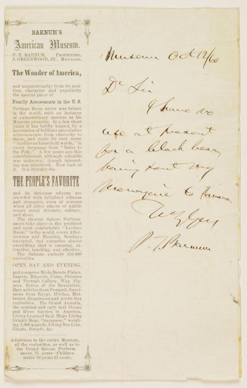 Letter from P.T Barnum to unknown recipient