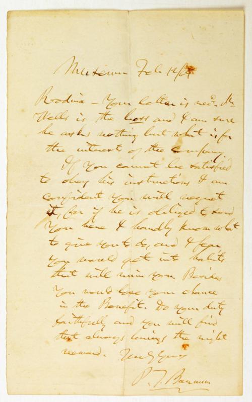 Letter from P.T Barnum to Rodinia Nutt