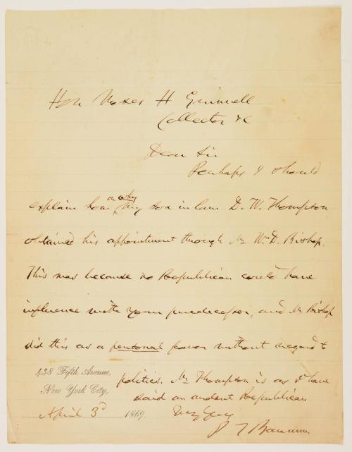 Letter from P.T Barnum to Moses H. Grinnell