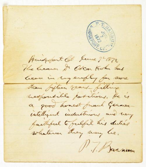Letter from P.T Barnum to unknown