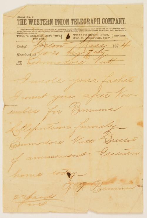 Telegram from P.T. Barnum to Commodore Nutt