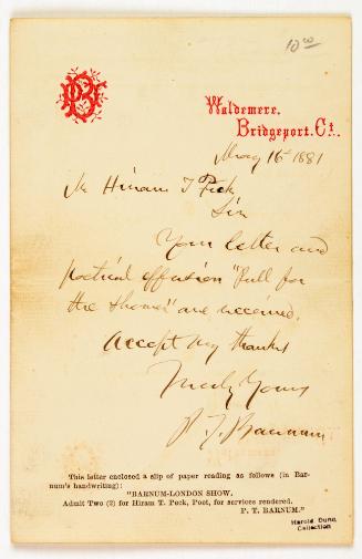 Letter from P.T Barnum to Hiriam T. Peck