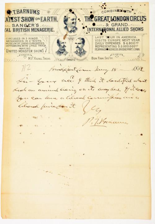 Letter from P.T Barnum to Unknown