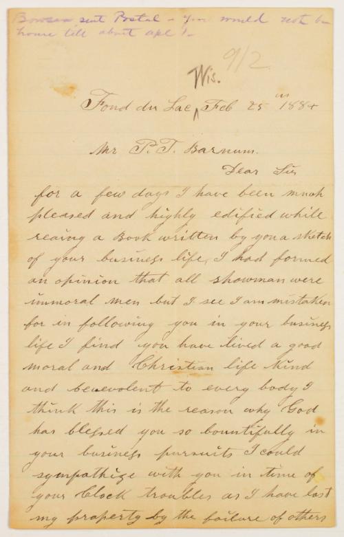 Letter from Merrick Phelps to P.T Barnum
