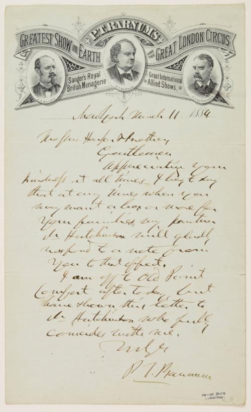 Letter from P.T Barnum to Illegible