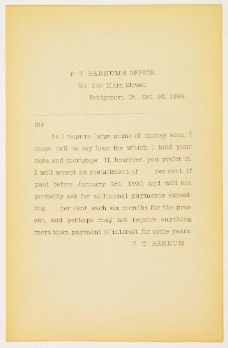 Letter from P.T Barnum to Unknown