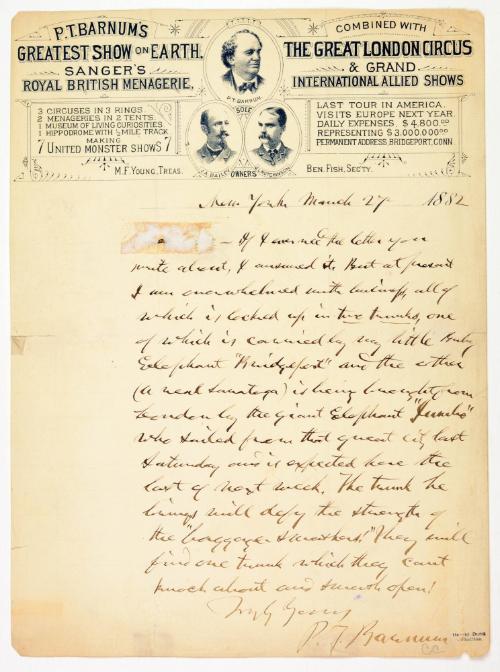 Letter from P.T Barnum to Unknown