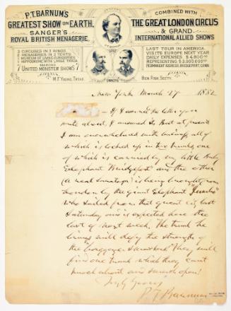 Letter from P.T Barnum to Unknown