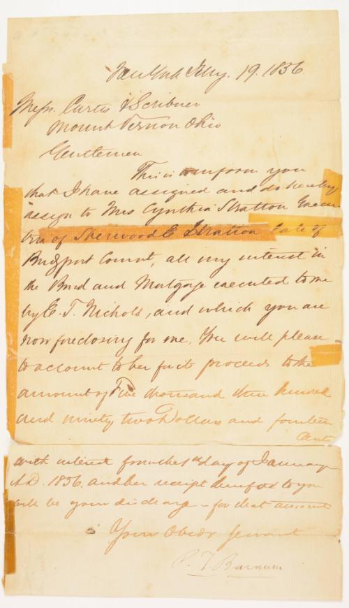 Letter from P.T. Barnum to Curtis & Scribner