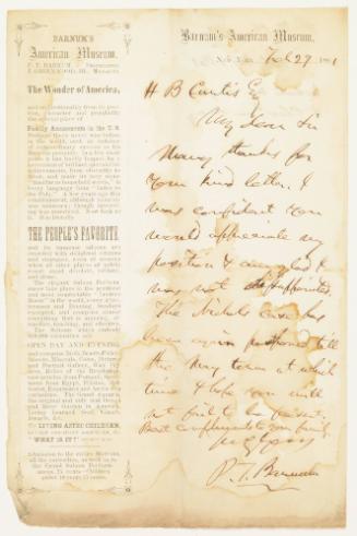 Letter from P.T. Barnum to H. B. Curtis
