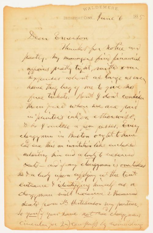 Letter from P.T. Barnum to Rev. George H. Emerson