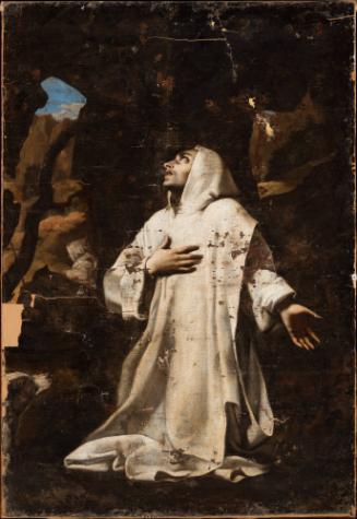 St. Bruno in white robes on his knees looking at the sky through a small window in cave