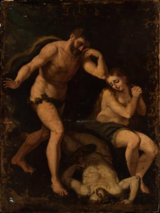 Man and woman looking down at body of dead man. 