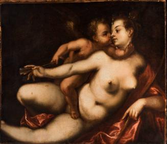 Woman lying on her side holding an arrow while winged baby leans over her right shoulder as if …