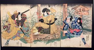 Kataoka Ichizō I as Kintōta (right), Onoe Kikugorō III as Kyūbinotarō (center), and Bandō Mitsugorō IV as Kadzusanosuke (left), in an unidentified kabuki play