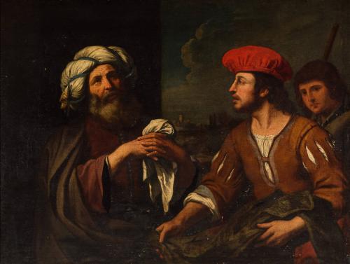 A young man holds out a garment towards an older man who looks upward.  Another young man stand…