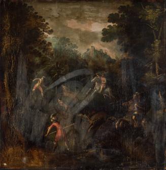 Several deer surrounded by 2 hunters with spears on horses and 2 hunters with spears on foot
