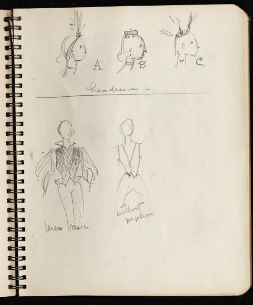 Sketches for headdresses, men's basic, and peplum