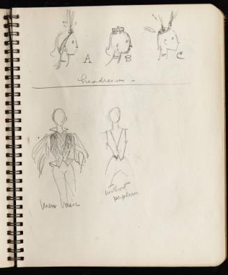 Sketches for headdresses, men's basic, and peplum