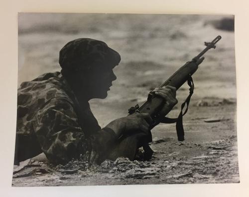 Armed soldier lying in a field