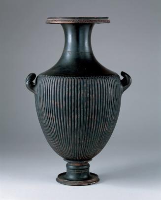 Black Fluted Hydria with painted pendants on neck and raised ornamentation on lip