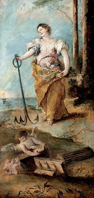 A young woman with flowers gathered in her skirt, holds an anchor with her right hand. A cherub…