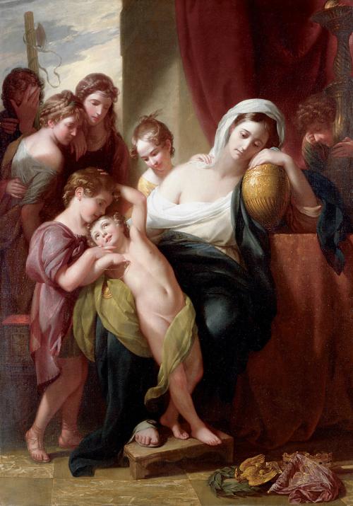 A seated mother clasps an urn while surrounded by five children