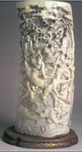 Brush holder carved with scene of Minamoto no Yoritomo's hunting party at the base of Mount Fuji
